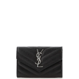 Saint Laurent Classic Monogram Flap Wallet Matelasse Chevron Leather Small