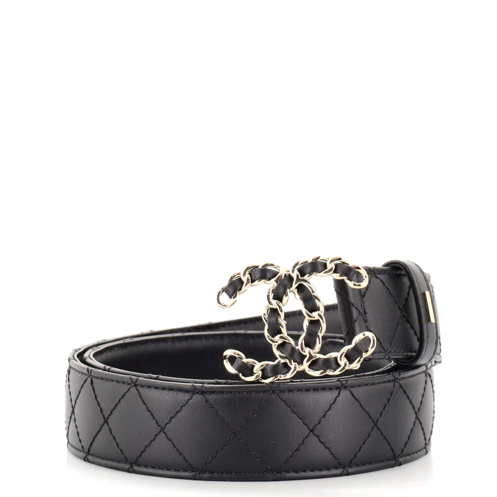 Chanel Woven Chain CC Buckle Belt Quilted Leather Medium Black 1590071