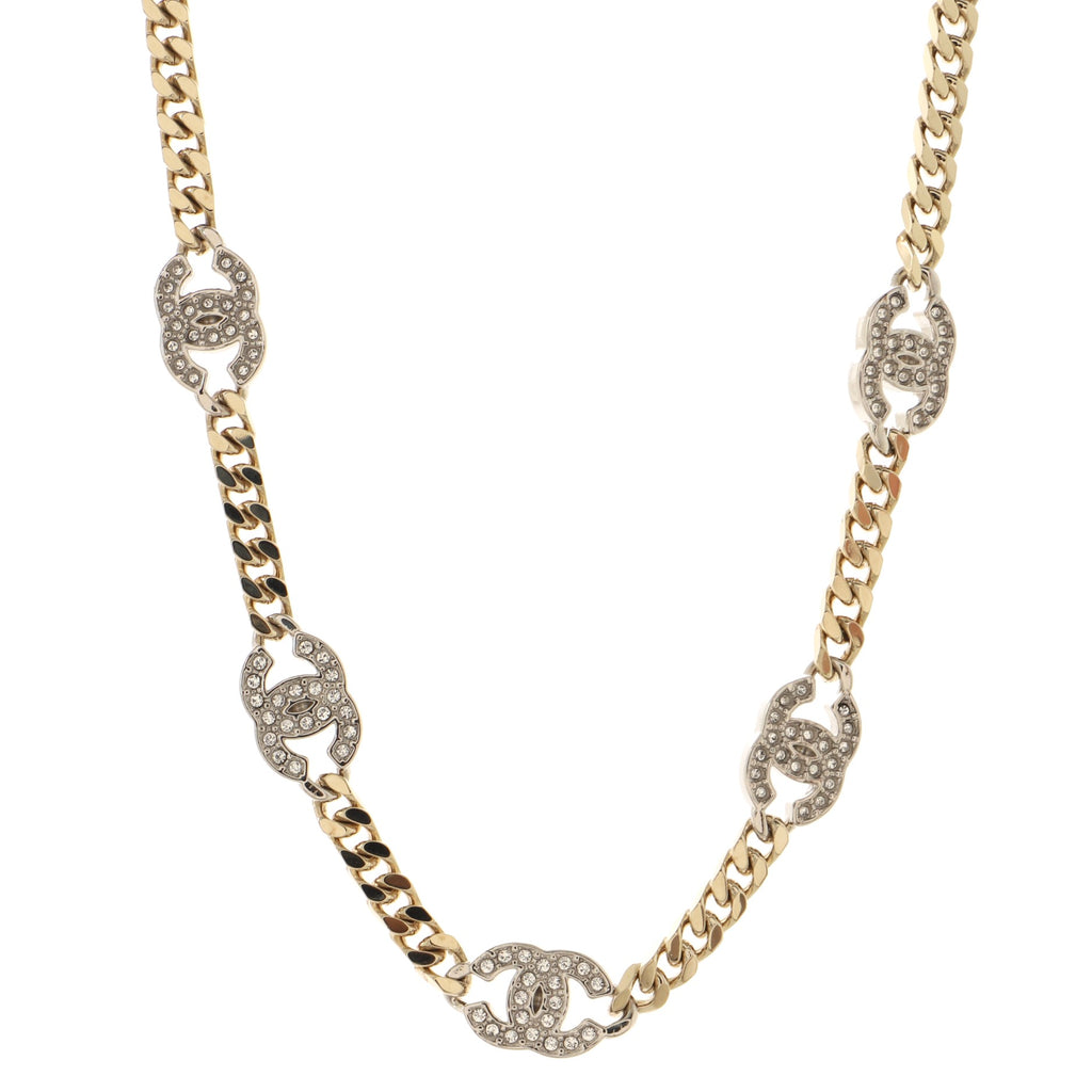 Chanel Silver Metal Crystal Chain-Link CC Choker Necklace