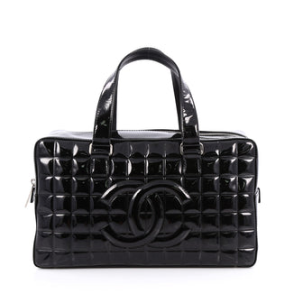 Chanel Chocolate Bar CC Bowler Bag Quilted Patent Large Black