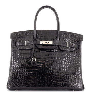 Hermes Birkin Handbag Black Shiny Porosus Crocodile with Palladium Hardware 35
