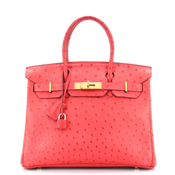 Hermes Birkin Handbag Red Ostrich with Gold Hardware 30