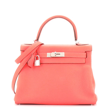 Hermes Kelly Handbag Pink Clemence with Palladium Hardware 28