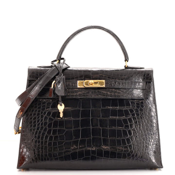 Hermes Kelly Handbag Black Shiny Alligator with Gold Hardware 32