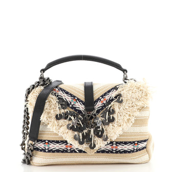 Saint Laurent Classic Monogram College Bag Canvas with Embellished Fringe Medium