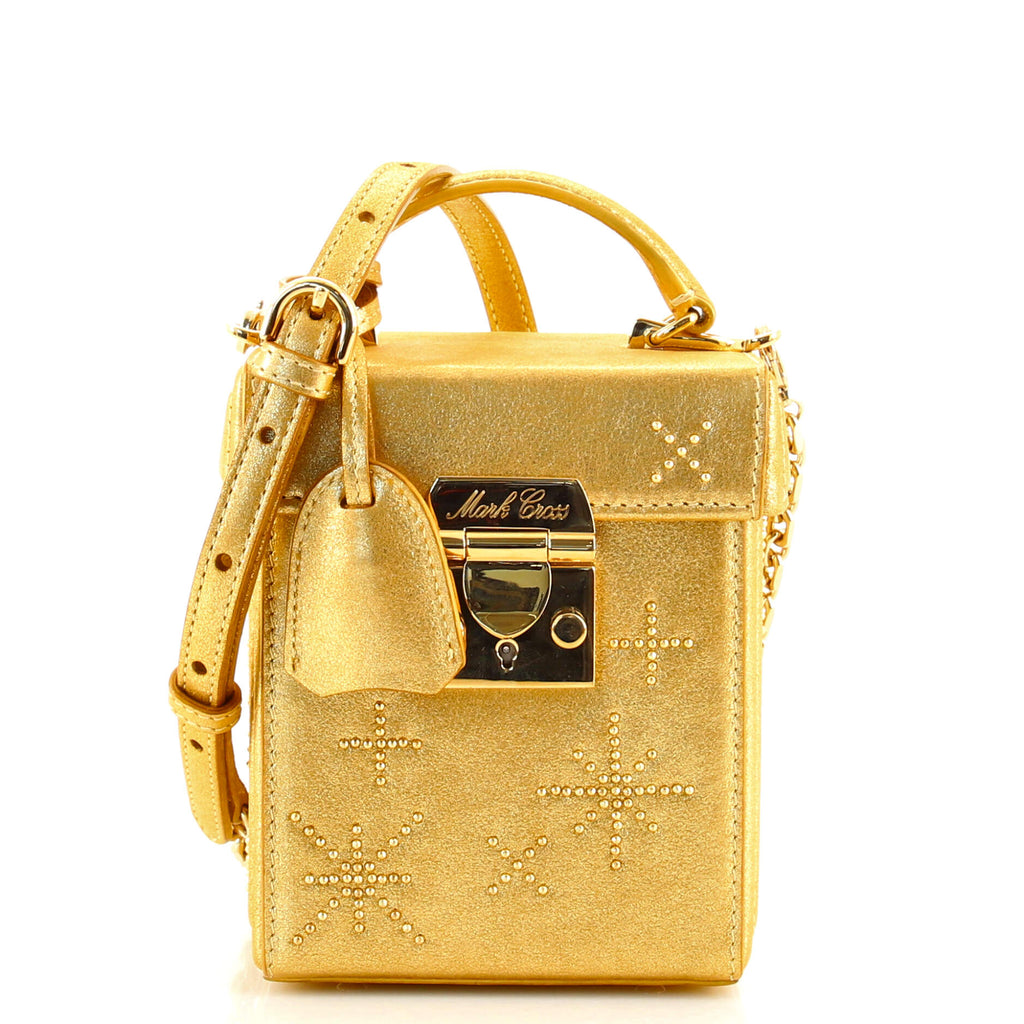 Mark Cross Grace Cube Box Bag Crystal Embellished Metallic Leather Gold  1017151