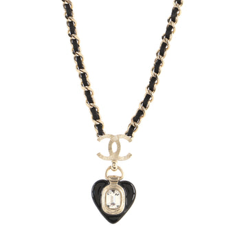 Chanel CC Heart Drop Pendant Necklace Metal with Leather and Crystal