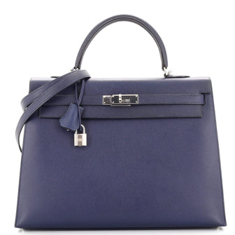 Hermes Kelly Handbag Blue Epsom with Palladium Hardware 35