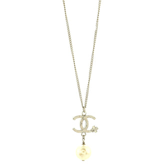 Chanel CC Clover Pearl Drop Pendant Necklace Metal and Faux Pearl