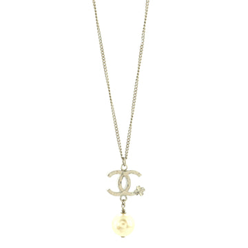 Chanel CC Clover Pearl Drop Pendant Necklace Metal and Faux Pearl