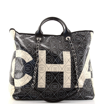 Chanel Logo Camellia Shopping Tote Printed Coated Canvas Medium