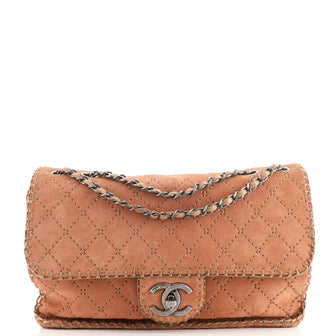 Chanel CC Chain Whipstitch Flap Bag Quilted Suede Large