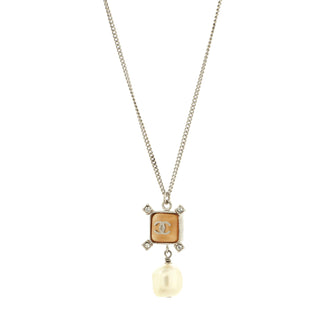 Chanel Square CC Drop Pendant Necklace Metal and Resin with Faux Pearls and Crystals