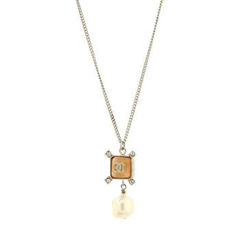 Chanel Square CC Drop Pendant Necklace Metal and Resin with Faux Pearls and Crystals