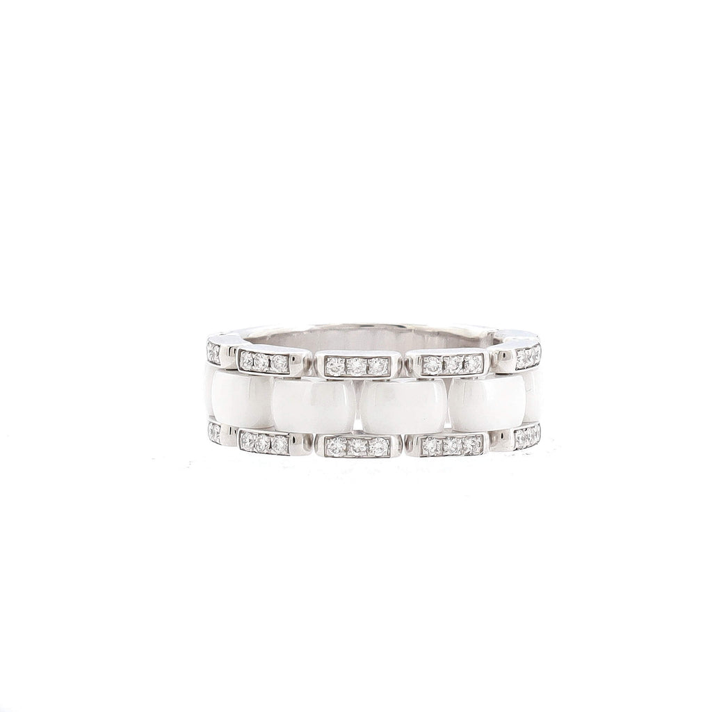 Chanel Black Ceramic Diamond White Gold Ultra Wide Flex Ring Size