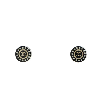 Chanel CC Round Stud Earrings Resin with Faux Pearl