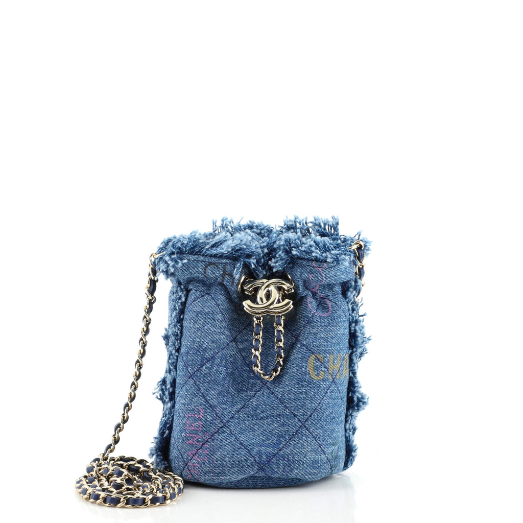 Chanel Denim Mood Chain Bucket Bag Logo Printed Quilted Fringe Denim Mini  Blue 1597633