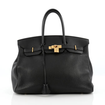 Hermes Birkin Handbag Black Clemence with Gold Hardware 35 Black