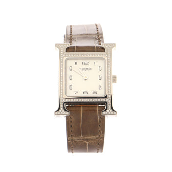 Hermes Heure H Quartz Watch Stainless Steel and Alligator with Diamond Bezel and Mother of Pearl 21