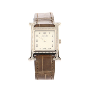 Hermes Heure H Quartz Watch Stainless Steel and Alligator with Diamond Bezel and Mother of Pearl 21