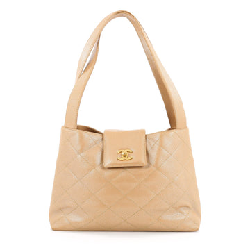 Chanel Vintage CC Lock Flap Shoulder Bag Quilted Caviar Small Beige