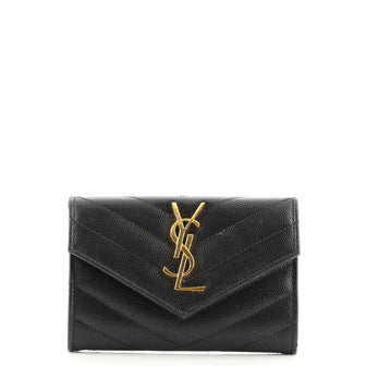 Saint Laurent Classic Monogram Flap Wallet Matelasse Chevron Leather Small