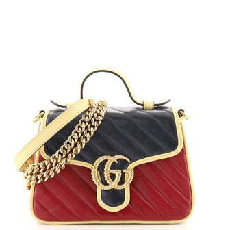 Gucci GG Marmont Top Handle Flap Bag Diagonal Quilted Leather Mini