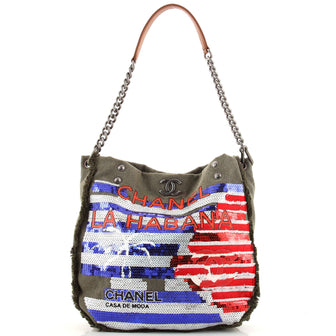 Chanel Cuba La Habana Chain Hobo Sequin Embellished Canvas Medium