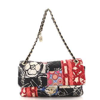 Chanel Classic Single Flap Bag Quilted Patchwork Printed Jersey Medium