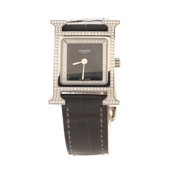 Hermes Heure H Quartz Watch Stainless Steel and Alligator with Diamond Bezel and Diamond Obsidian Dial 21