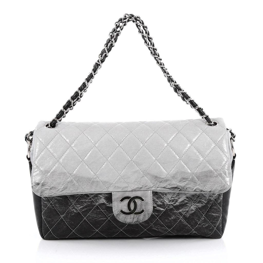 Preowned CHANEL Grey Black Silver Ombre Melrose Degrade JUMBO Flap