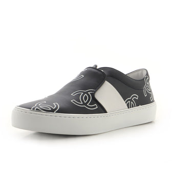 Chanel Women's CC Logo Slip On Lace Up Sneakers Printed Calfskin