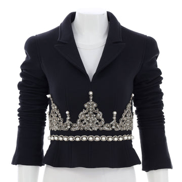 Chanel Women's Vintage Cropped Evening Jacket Embroidered Wool with Crystals and Faux Pearls