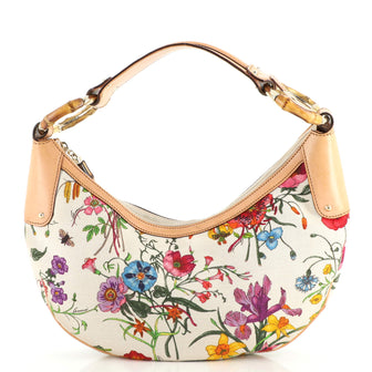 Gucci Bamboo Ring Half Moon Hobo Flora Canvas Medium