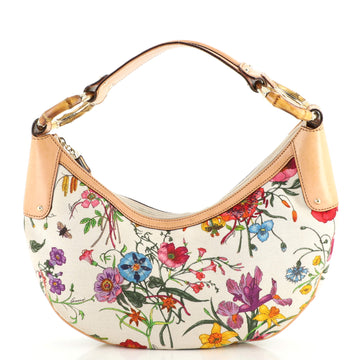 Gucci Bamboo Ring Half Moon Hobo Flora Canvas Medium