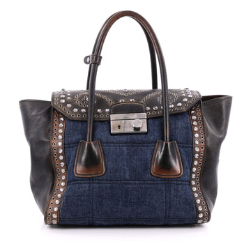 Prada Twin Pocket Lock Flap Tote Grommet Embellished Denim Small