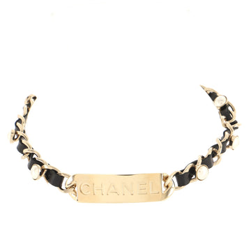 Chanel Logo Plate Chain Choker Necklace Metal and Leather with Faux Pearls