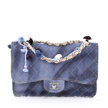 Chanel Limited Edition Pom Pom Flap Bag Printed Denim Jumbo