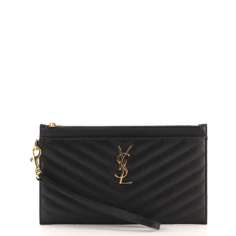 Saint Laurent Classic Monogram Zip Bill Pouch Matelasse Chevron Leather Large