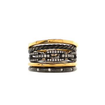 David Yurman Stax Five Row Ring 18K Yellow Gold and Blackened Silver with Diamonds