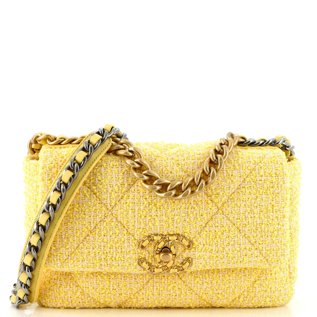 Chanel 19 Flap Bag Quilted Tweed Medium Yellow 1616701