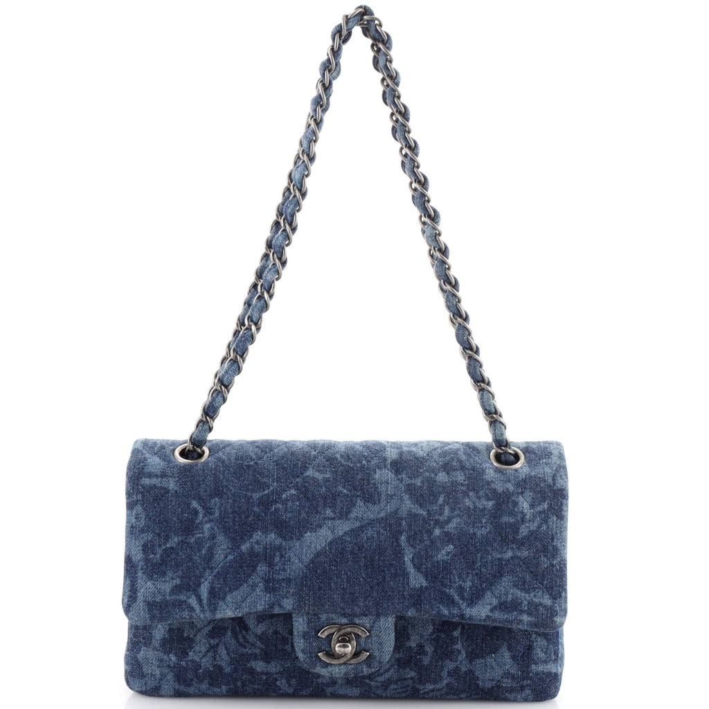 Chanel Camellia Classic Double Flap Bag Quilted Printed Denim