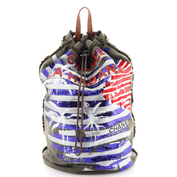 Chanel Cuba La Habana Drawstring Backpack Sequin Embellished Canvas Large