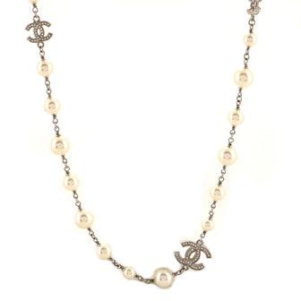 Chanel CC Station Long Necklace Metal with Faux Pearls and Crystals