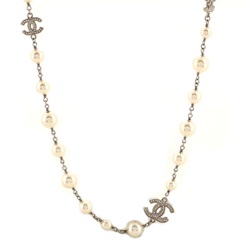 Chanel CC Station Long Necklace Metal with Faux Pearls and Crystals