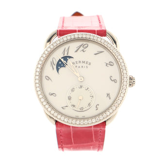 Hermes Arceau Petite Lune Automatic Watch Stainless Steel and Alligator with Diamond Bezel 38