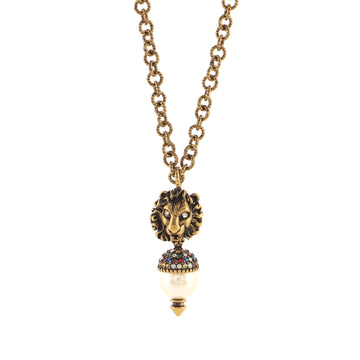 Gucci Lion Head Drop Pendant Necklace Metal with Crystals and Faux Pearl