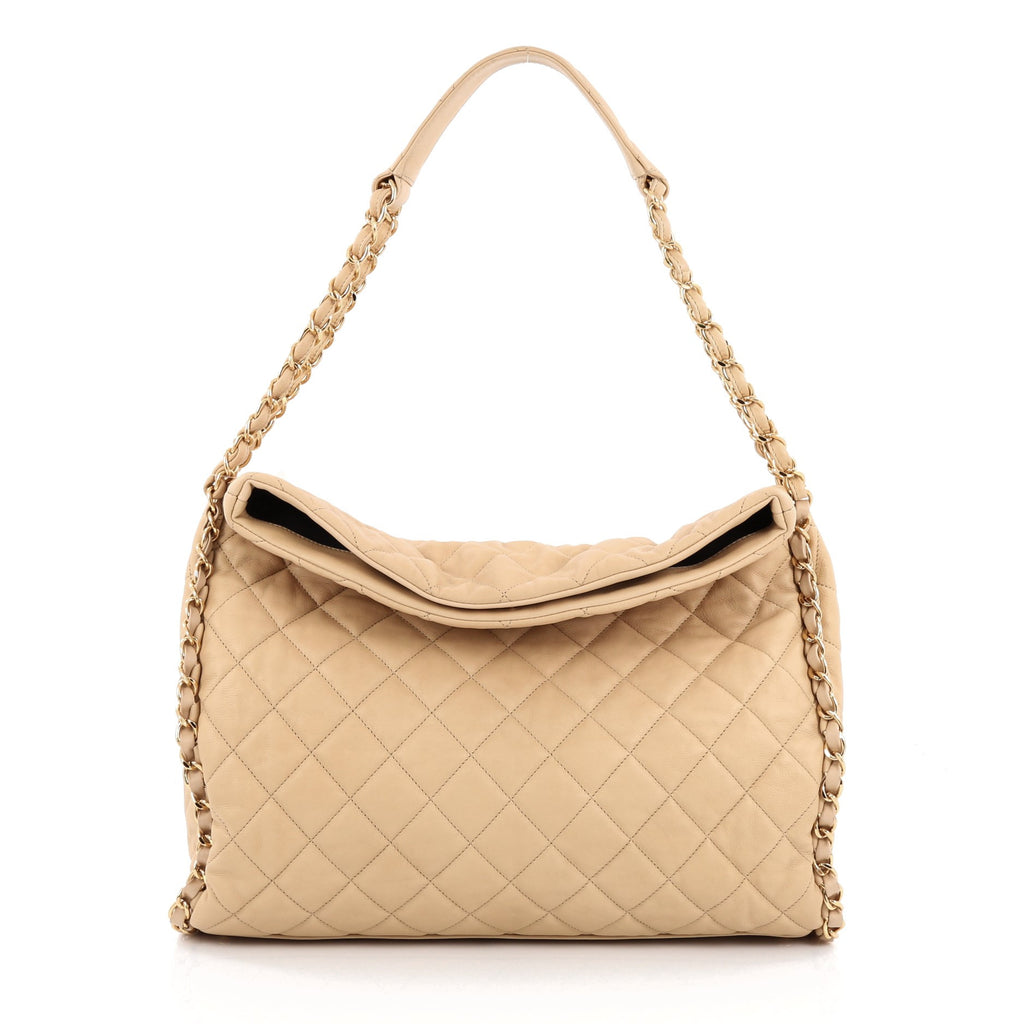 CHANEL Chain Around Quilted Leather Hobo Bag Beige