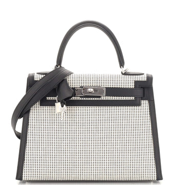 Hermes Kelly Handbag Quadrille Canvas and Black Swift with Palladium Hardware 28