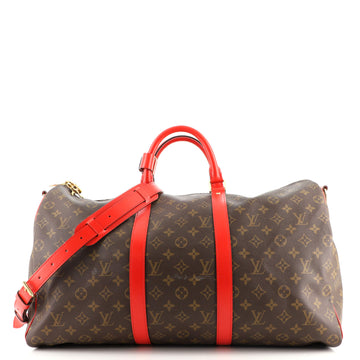 Louis Vuitton Keepall Bandouliere Bag Monogram Canvas with Coquelicot Leather Trim 50